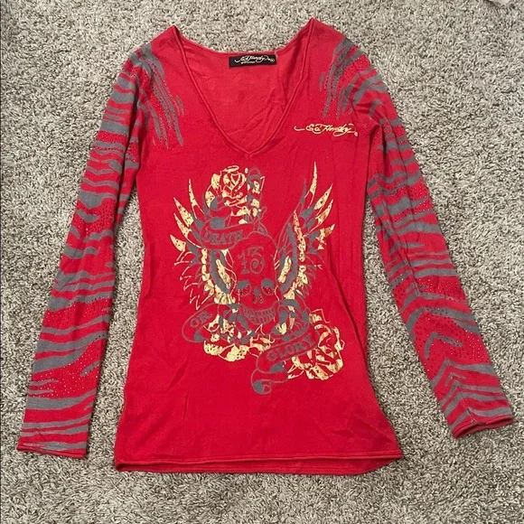 Ed Hardy by Christian Audigier tattoo art Red and Gray Long Sleeve Top - Picture 1 of 8